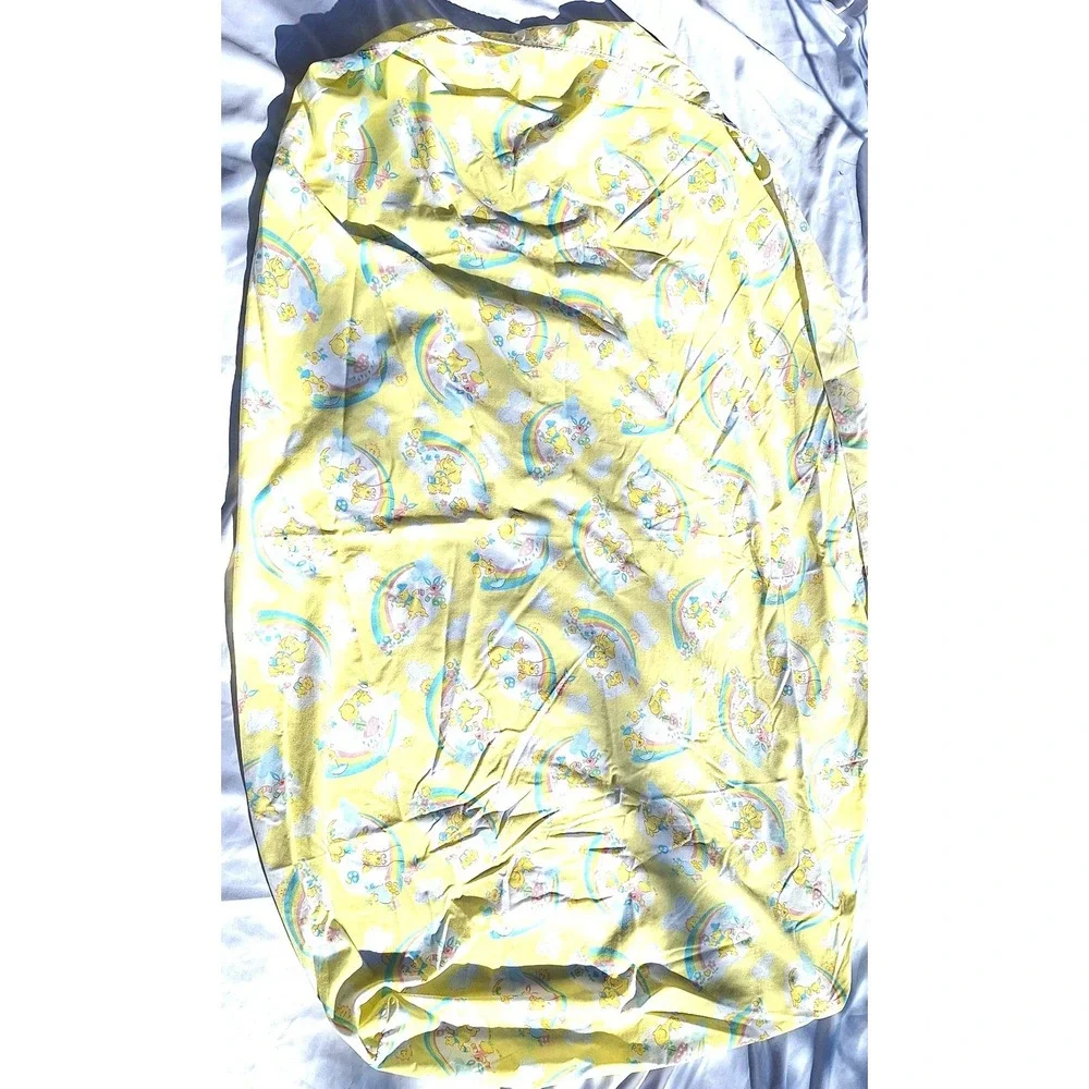 Vtg 1991 rabbit bear Fitted baby Crib Sheet Yellow Rainbow Kendall Company